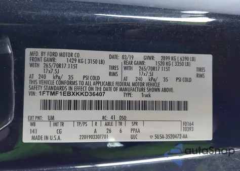 2019 Ford F-150 Xl z USA, uszkodzony, nr VIN 1FTMF1EBXKKD36407